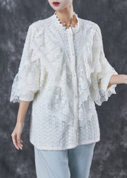 Classy White Ruffled Patchwork Lace Shirt Top Spring