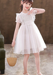 Classy White Ruffled Patchwork Tulle Kids Girls Dresses Summer