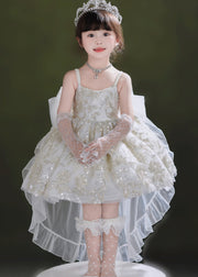 Classy White Sequin Tulle Girls Dress And Trailing Dress Two Pieces Set Summer