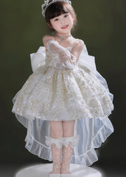 Classy White Sequin Tulle Girls Dress And Trailing Dress Two Pieces Set Summer