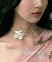 Classy White Stainless Steel Floral Pearl Shell Multi Layer Gratuated Bead Necklace