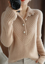 Classy White Stand Collar Button Thick Patchwork Knitted Sweaters Fall