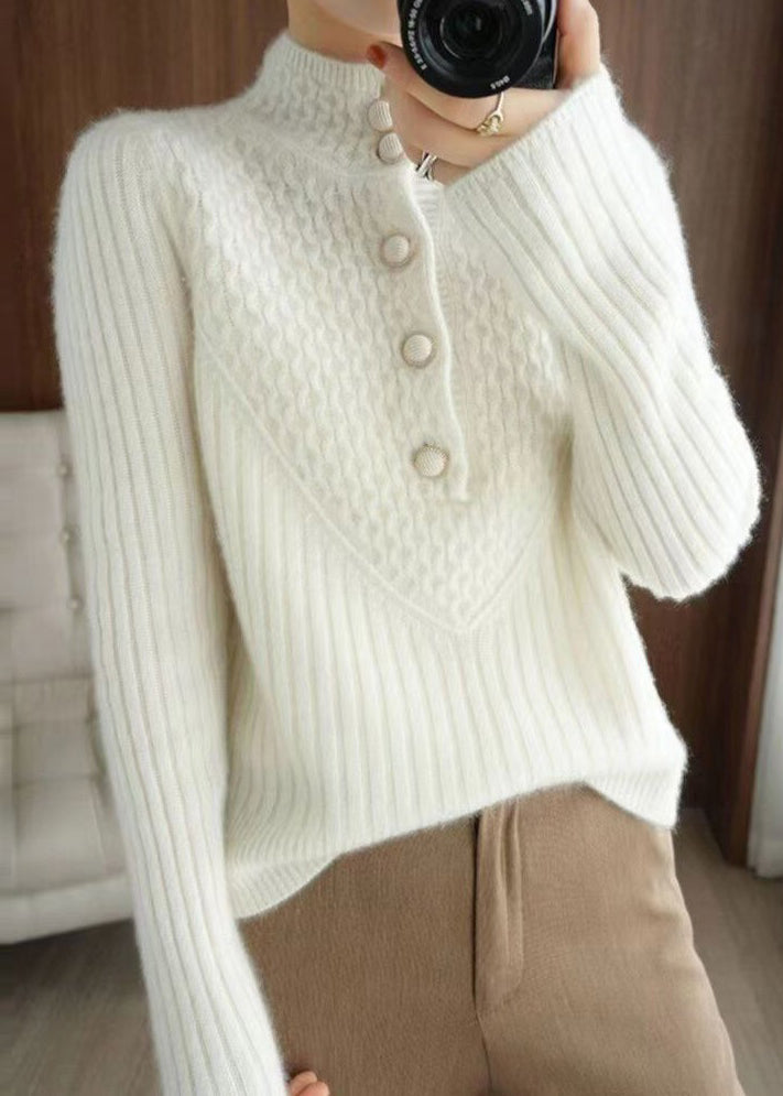 Classy White Stand Collar Button Thick Patchwork Knitted Sweaters Fall