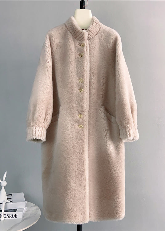 Classy White Stand Collar Pockets Button Woolen Coat Winter