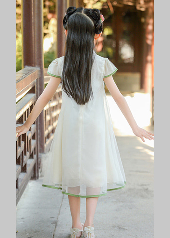 Classy White Stand Collar Print Tulle Girls Maxi Dresses Summer