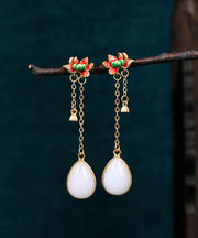 Classy White Sterlign Silver Overgild Jade Enamel Drip Glaze Lotus Tassel Drop Earrings