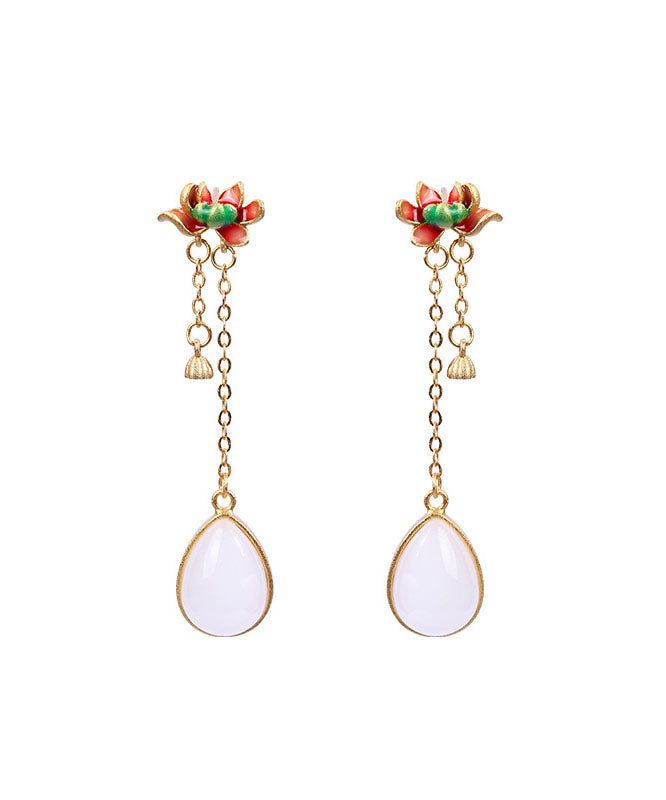 Classy White Sterlign Silver Overgild Jade Enamel Drip Glaze Lotus Tassel Drop Earrings