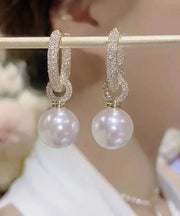 Classy White Sterling Silver Alloy Zircon Pearl Drop Earrings