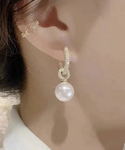 Classy White Sterling Silver Alloy Zircon Pearl Drop Earrings