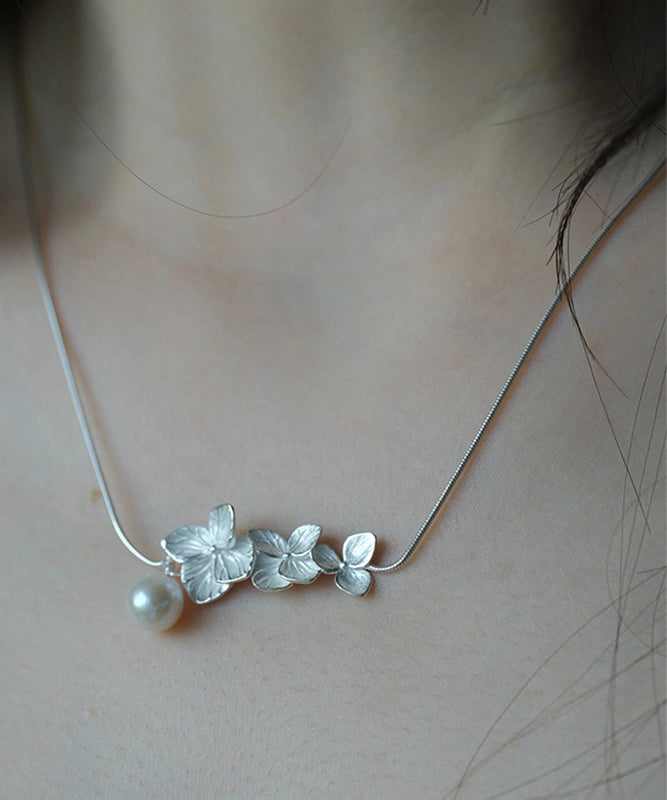 Classy White Sterling Silver Floral Pearl Necklace