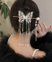 Classy White Sterling Silver Overgild Pearl Butterfly Tassel Hairpin