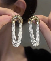 Classy White Sterling Silver Tassel Hoop Earrings