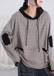 Classy White Striped Drawstring Patchwork Sweatshirts Fall