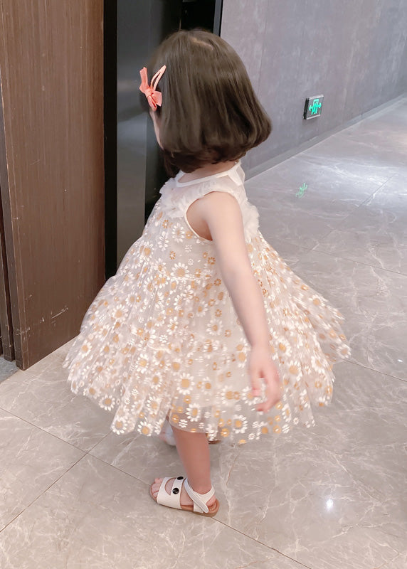 Classy White Sunflower Lace Patchwork Tulle Girls Mid Dress Summer