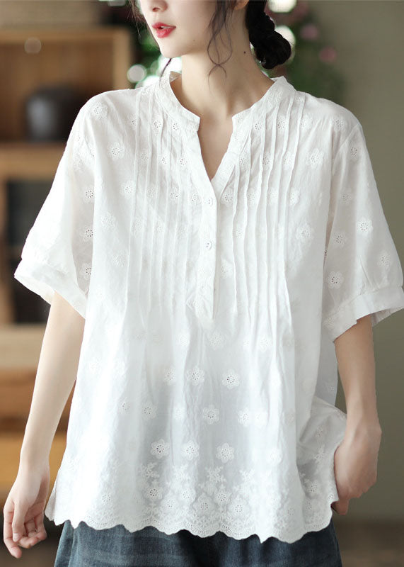 Classy White V Neck Embroidered Patchwork Cotton Shirt Top Summer