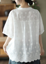 Classy White V Neck Embroidered Patchwork Cotton Shirt Top Summer