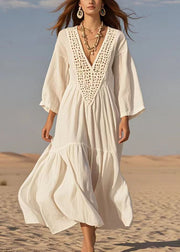 Classy White V Neck Hollow Ou Cotton Vacation Dresses Summer