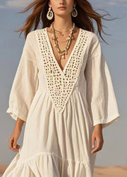 Classy White V Neck Hollow Ou Cotton Vacation Dresses Summer