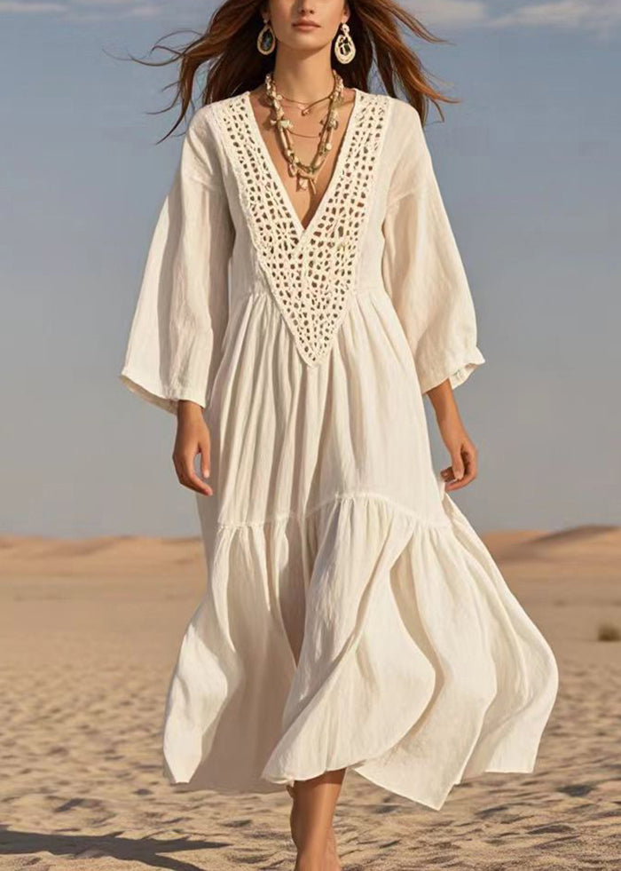 Classy White V Neck Hollow Ou Cotton Vacation Dresses Summer