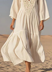 Classy White V Neck Hollow Ou Cotton Vacation Dresses Summer