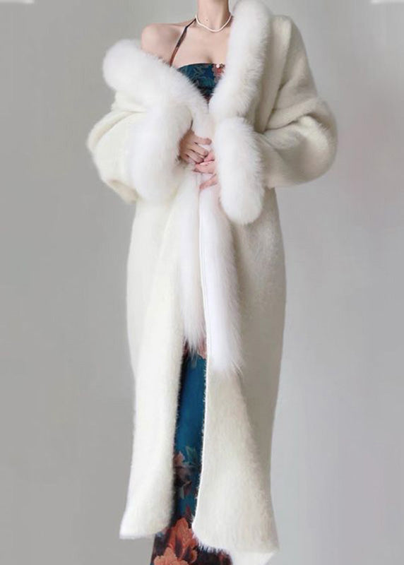 Classy White V Neck Patchwork Mink Hair Woolen Maxi Coats Winter