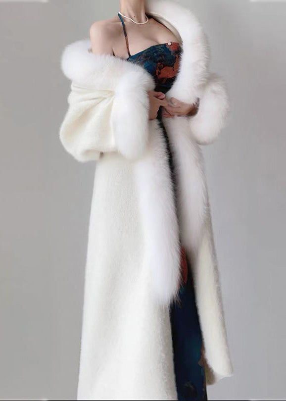 Classy White V Neck Patchwork Mink Hair Woolen Maxi Coats Winter