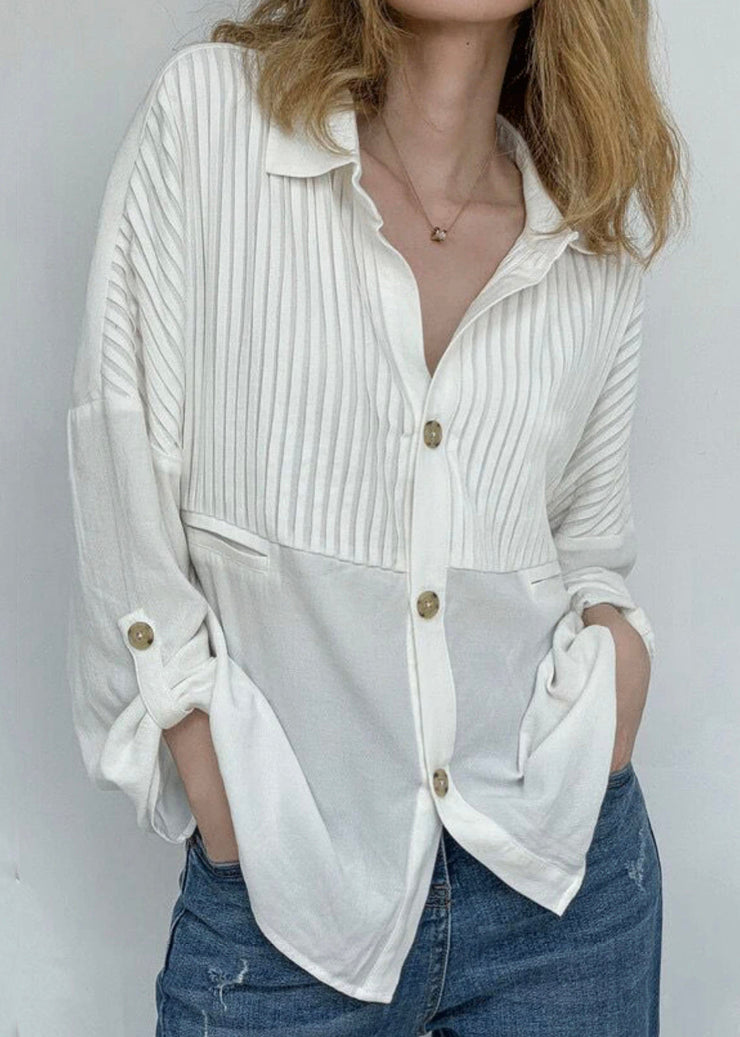 Classy White Wrinkled Button Patchwork Cotton Blouses Fall