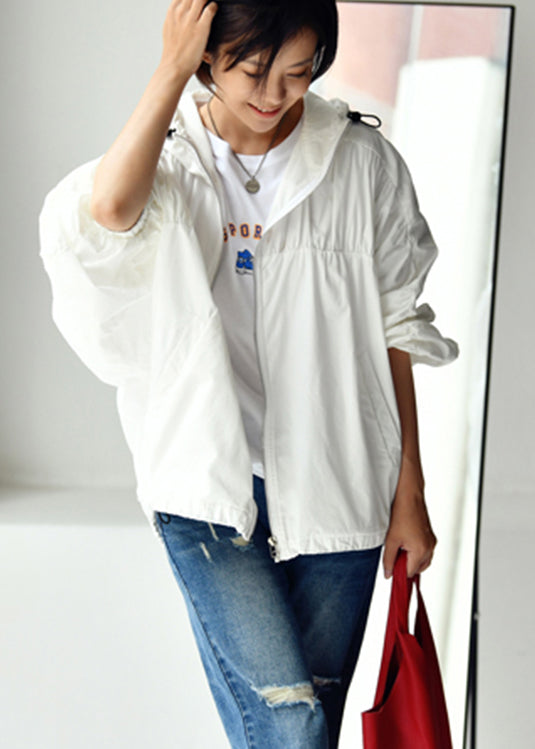 Classy White Zippered Drawstring Cotton Hooded Coat Fall