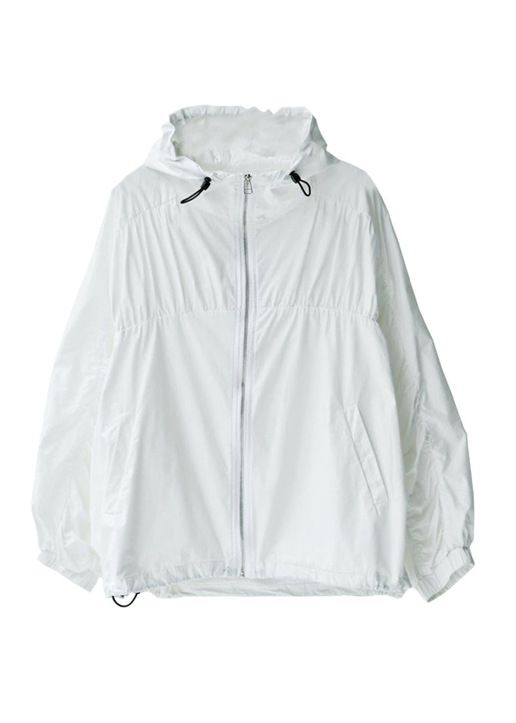 Classy White Zippered Drawstring Cotton Hooded Coat Fall