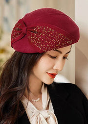 Classy Wine Red Bow Sequins Patchwork Woolen Beret Hat