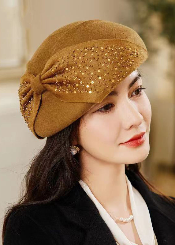 Classy Wine Red Bow Sequins Patchwork Woolen Beret Hat