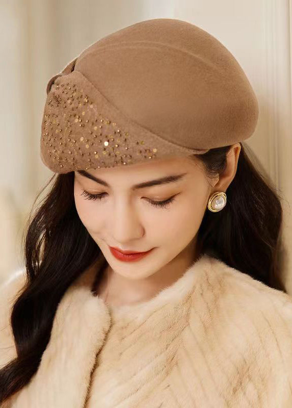 Classy Wine Red Bow Sequins Patchwork Woolen Beret Hat