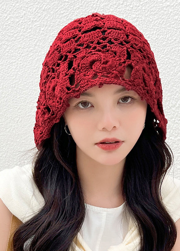 Classy Wine Red Floral Hollow Out Knitted Cotton Bonnie Hat