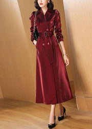 Classy Wine Red Pockets Tie Waist Cotton Long Trench Coats Fall