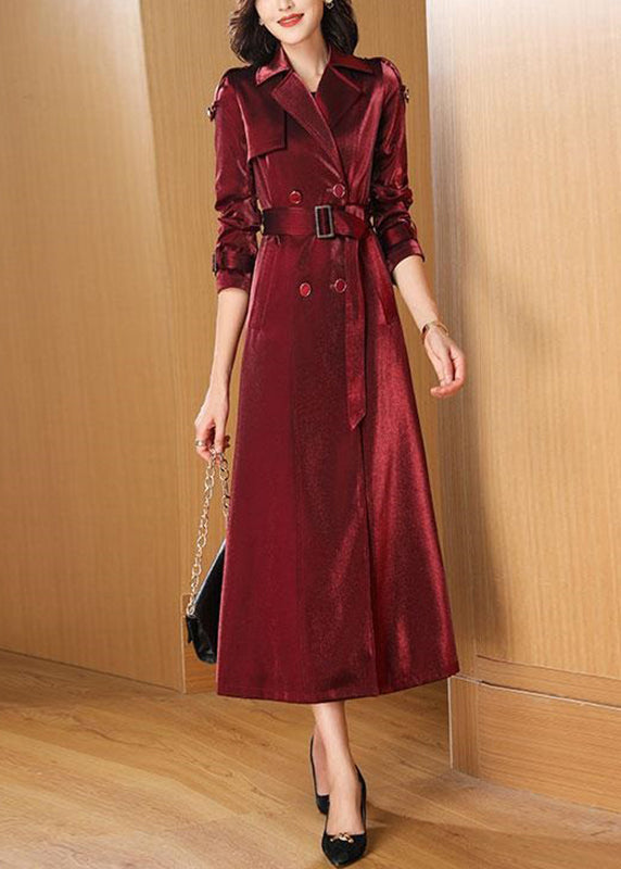 Classy Wine Red Pockets Tie Waist Cotton Long Trench Coats Fall