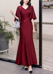 Classy Wine Red V Neck Embroidered Cotton Long Dresses Butterfly Sleeve