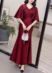 Classy Wine Red V Neck Embroidered Cotton Long Dresses Butterfly Sleeve