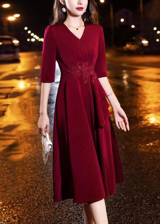 Classy Wine Red V Neck Nail Bead Wrinkled Silk Dress Half Sleeve