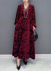 Classy Wine Red V Neck Pockets Silk Velour Long Dresses Fall