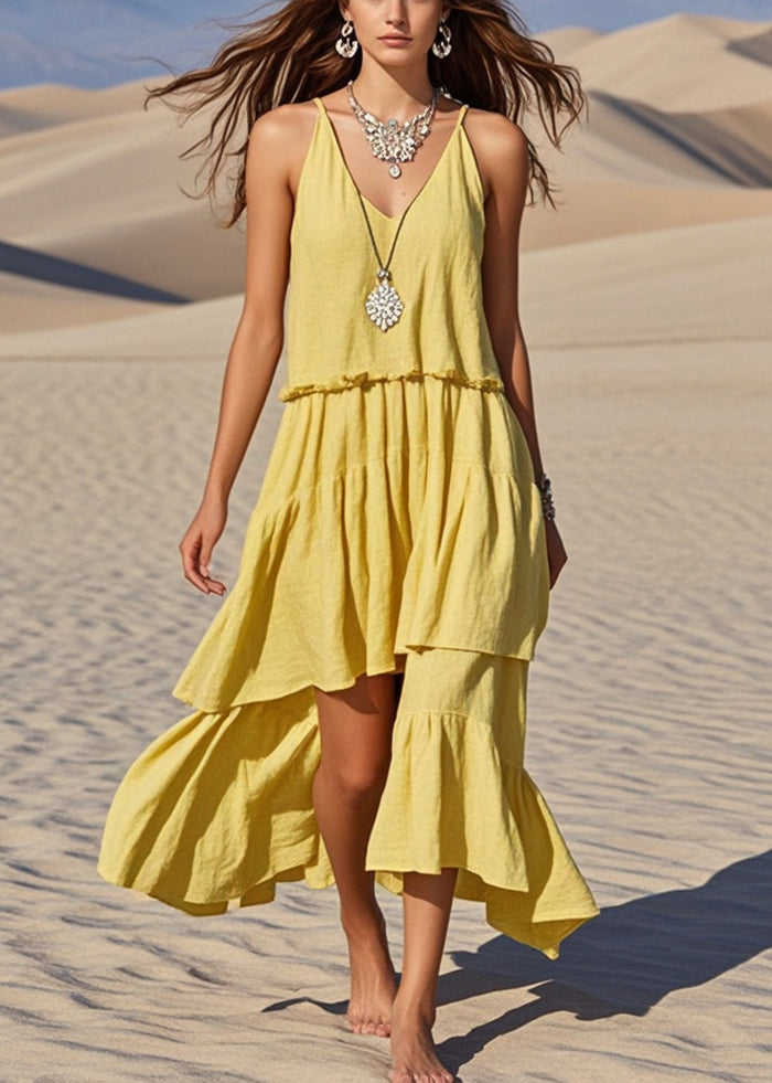 Classy Yellow Asymmetrical Cotton Sundress Summer