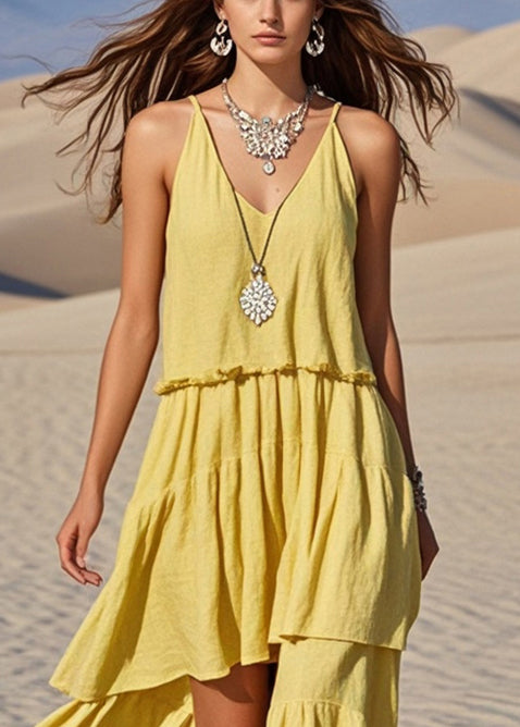 Classy Yellow Asymmetrical Cotton Sundress Summer