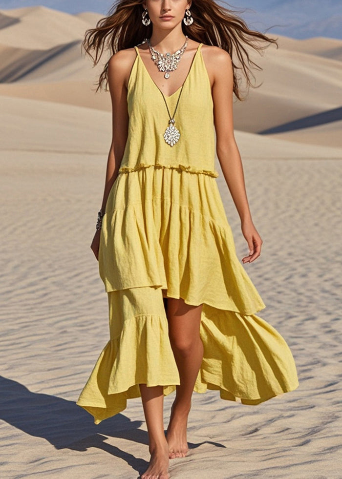 Classy Yellow Asymmetrical Cotton Sundress Summer