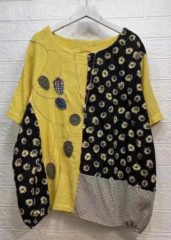 Classy Yellow Asymmetrical Print Patchwork Denim T Shirts Summer