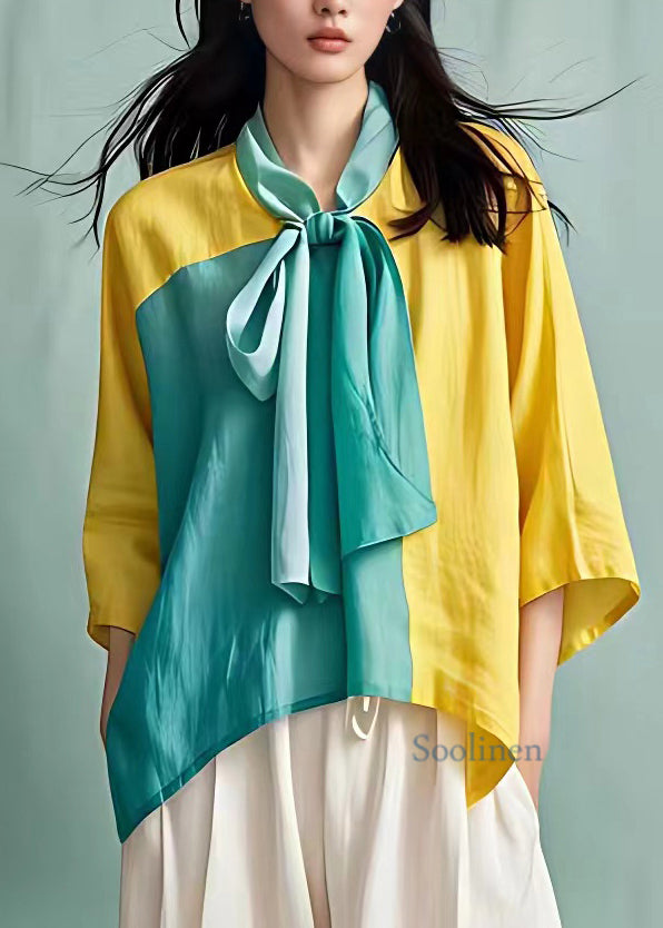 Classy Yellow Bow Patchwork Shirts Half Sleeve