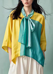 Classy Yellow Bow Patchwork Shirts Half Sleeve