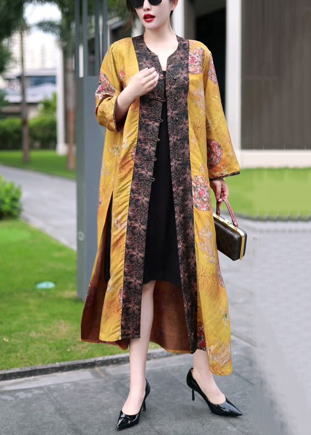 Classy Yellow Chinese Button Print Patchwork Silk Long Coat Fall