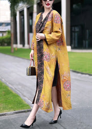 Classy Yellow Chinese Button Print Patchwork Silk Long Coat Fall