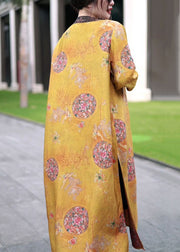 Classy Yellow Chinese Button Print Patchwork Silk Long Coat Fall