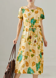 Classy Yellow Cinched Print Cotton Long Dress Summer