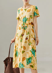 Classy Yellow Cinched Print Cotton Long Dress Summer